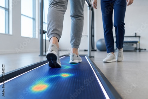 Senior patient using gait analysis system in modern rehab clinic
