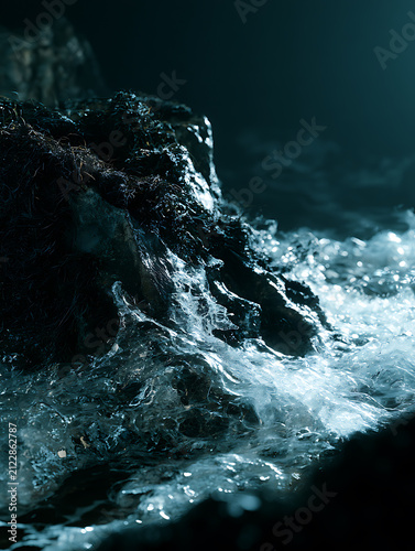 Sea rocks and the foamy waves crashing against the shore at night, empty space