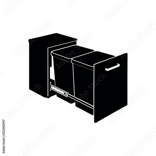 Black silhouette of a pull out kitchen cabinet trash can system