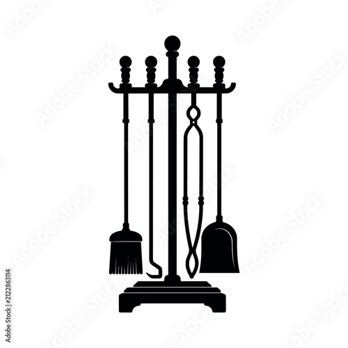 Black fireplace tool set with stand, poker, tongs, and brush
