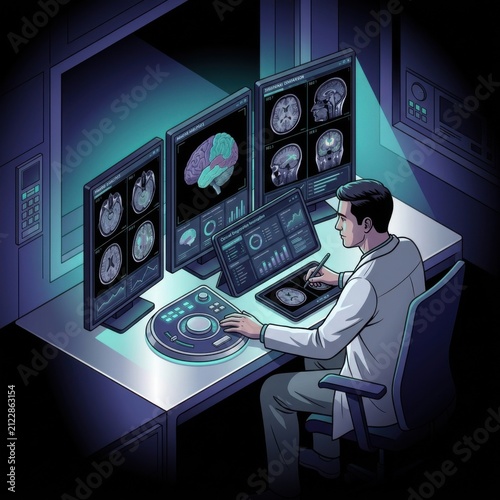 Medical Professional Analyzing Brain Scans On Multiple Monitors