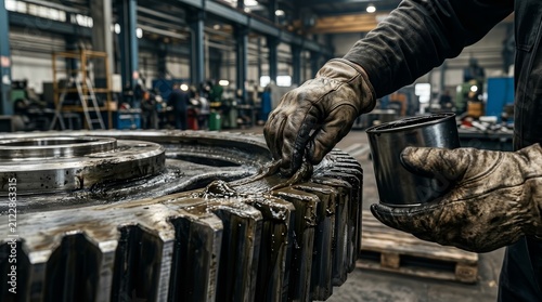 Close up of a worker using grease lubricant on a massive heavy duty gear in a factory