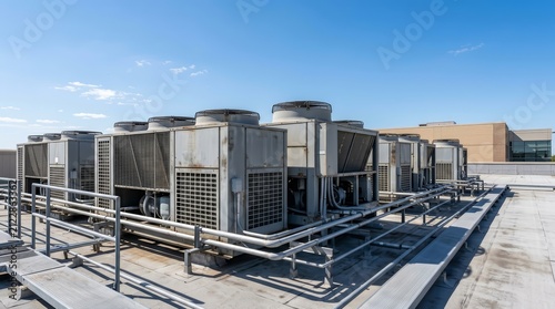 Large industrial air conditioning units and ventilation systems on a commercial rooftop.