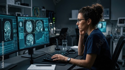 Medical Professional Analyzing Brain Scan Data On Multiple Monitors
