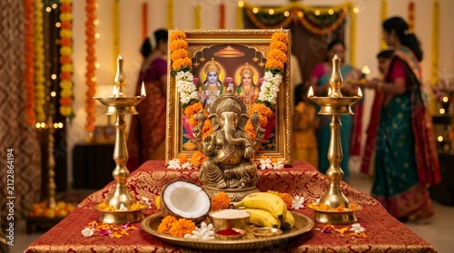 Traditional Diwali Puja setup with Ganesha idol, Lakshmi Vishnu painting, and brass lamps