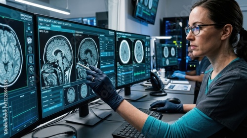 Medical Professional Analyzing Brain Scan Data On Multiple Screens In A Modern Diagnostic Lab