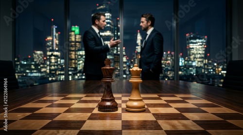 A dark boardroom setting featuring chess pieces that represent a hostile takeover and business strategy.