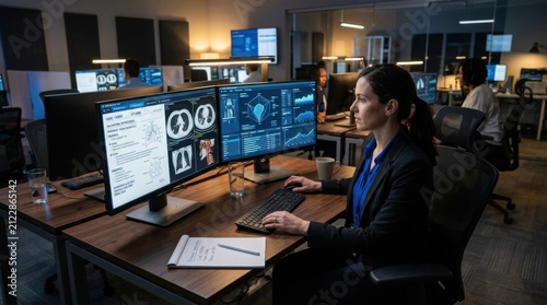 Medical Professional Analyzing Complex Data On Multiple Screens