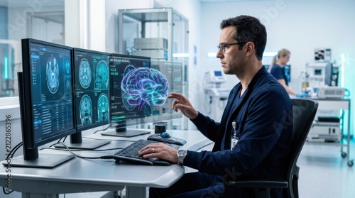 Medical Professional Analyzing Brain Scan On Advanced Computer System
