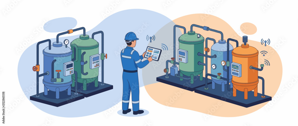 Obraz premium Isometric smart factory worker using tablet for wireless control