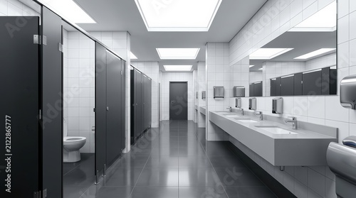 Clean public restroom interior featuring sinks, toilets, and functional stall design.