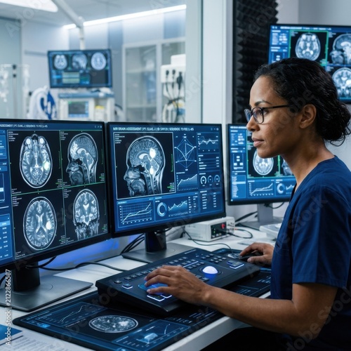 Medical Professional Analyzing Brain Scans On Advanced Computer System