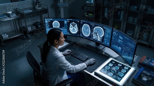 Medical Professional Analyzing Brain Scans on Advanced Computer Workstation