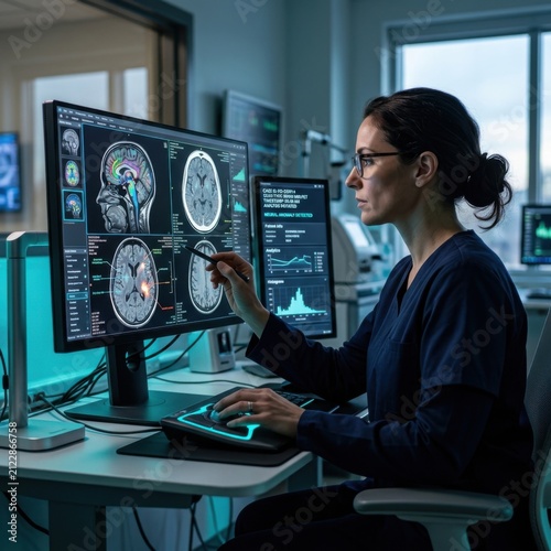 Medical Professional Analyzing Brain Scans on Advanced Computer Workstation