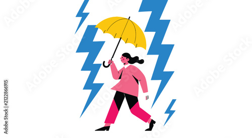 фотографія A woman calmly walks with a yellow umbrella amidst a vibrant and chaotic lightni