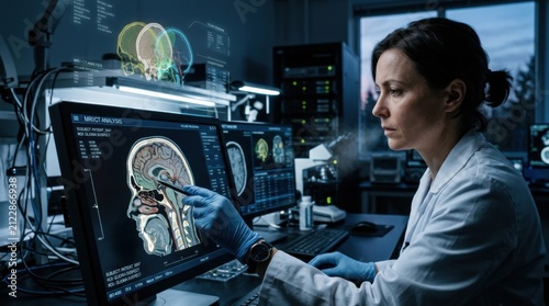 Medical Professional Analyzing Brain Scans On Computer Screen In Dark Laboratory