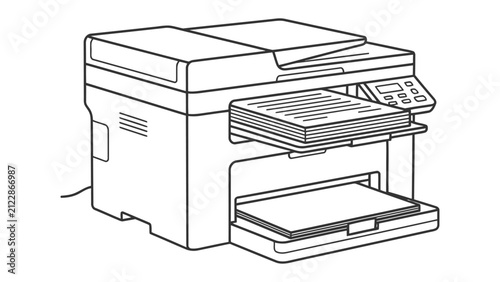 Foto Multifunction Printer Illustration: A clear line drawing depicts a modern multifunction printer, showcasing its scanner, copier, and printing capabilities with a stack of paper ready for use