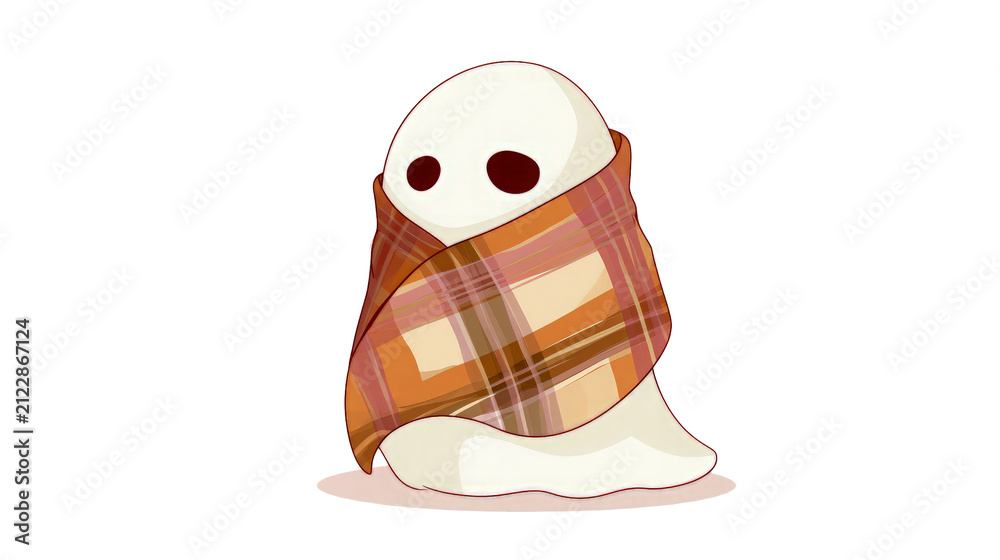 Fototapeta premium Cute cartoon ghost wrapped in checkered blanket isolated on transparent background for digital sticker design