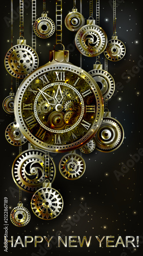2027 New Year steampunk card with golden clock, xmas balls gears, vector illustration.