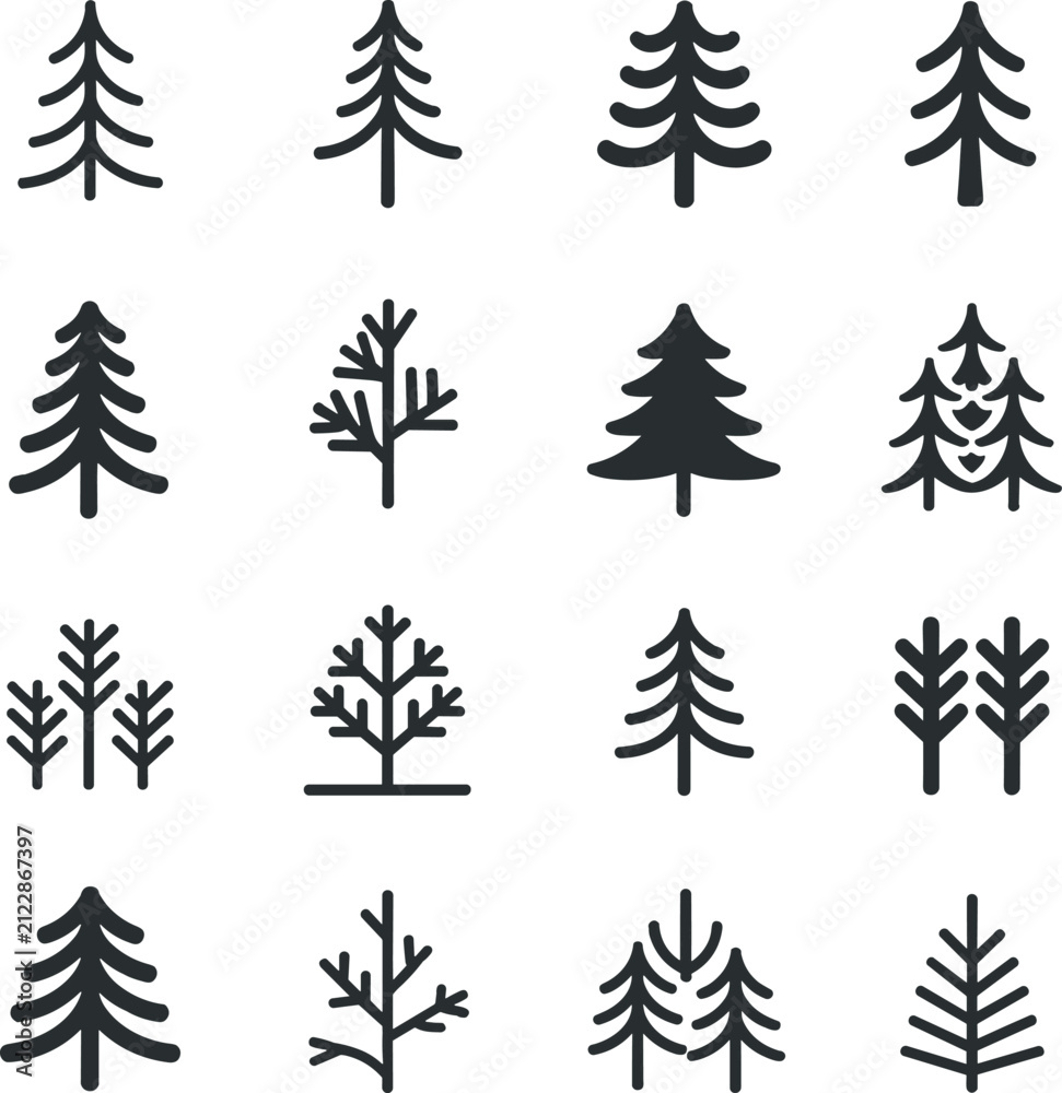 Obraz premium Collection of sixteen black line tree representing various forest species and coniferous shapes isolated on a white background
