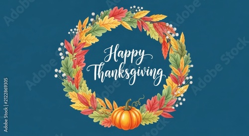 Happy thanksgiving greeting card with a wreath of autumn leaves and a pumpkin on a blue background