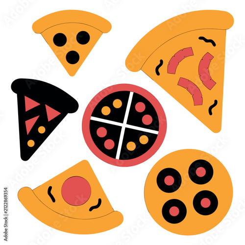 Flat vector pizza icon set featuring whole pizzas and pizza slices with different toppings, hot steam lines, colorful geometric shapes, bold black outlines