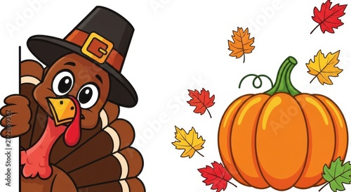 Cute cartoon turkey wearing a pilgrim hat peeking from behind a wall next to a pumpkin and autumn leaves