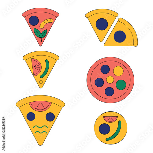 Flat vector pizza icon set featuring whole pizzas and pizza slices with different toppings, hot steam lines, colorful geometric shapes, bold black outlines