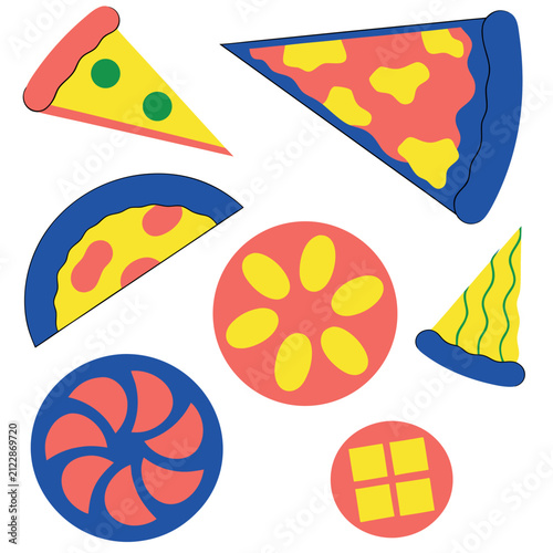 Flat vector pizza icon set featuring whole pizzas and pizza slices with different toppings, hot steam lines, colorful geometric shapes, bold black outlines