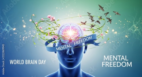 Human head silhouette with glowing brain showing nature symbols. Conceptual artwork representing mental health, wellness and mindfulness. Creative design for World Brain Day awareness.