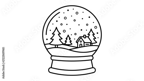 Winter Wonderland Snow Globe: A charming line art illustration of a snow globe captures a quaint winter scene with snow-covered hills, a cozy house, and festive pine trees.