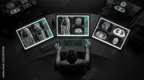 Medical Imaging Specialist Analyzing Complex Scans On Multiple Advanced Monitors