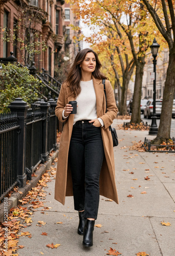 Stylish woman wearing a long coat and black pants walks down a tree-lined street in autumn, holding a coffee cup.