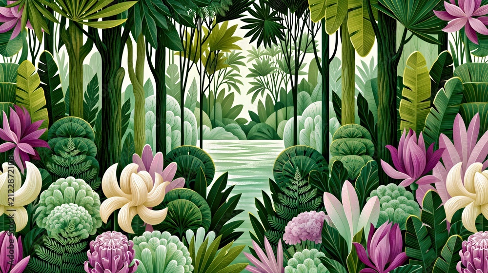 Obraz premium Lush tropical garden landscape with layered green foliage white blossoms and soft purple flowers for wallpaper branding and decor design.