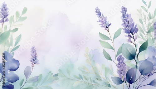 soft watercolor background with delicate lavender and eucalyptus branches in pastel tones for elegant design