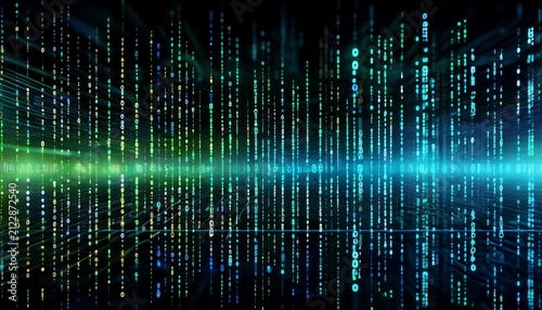 high detail grid of bright green and blue binary code characters on black background dynamic digital display for virtual reality technology and data visualization projects