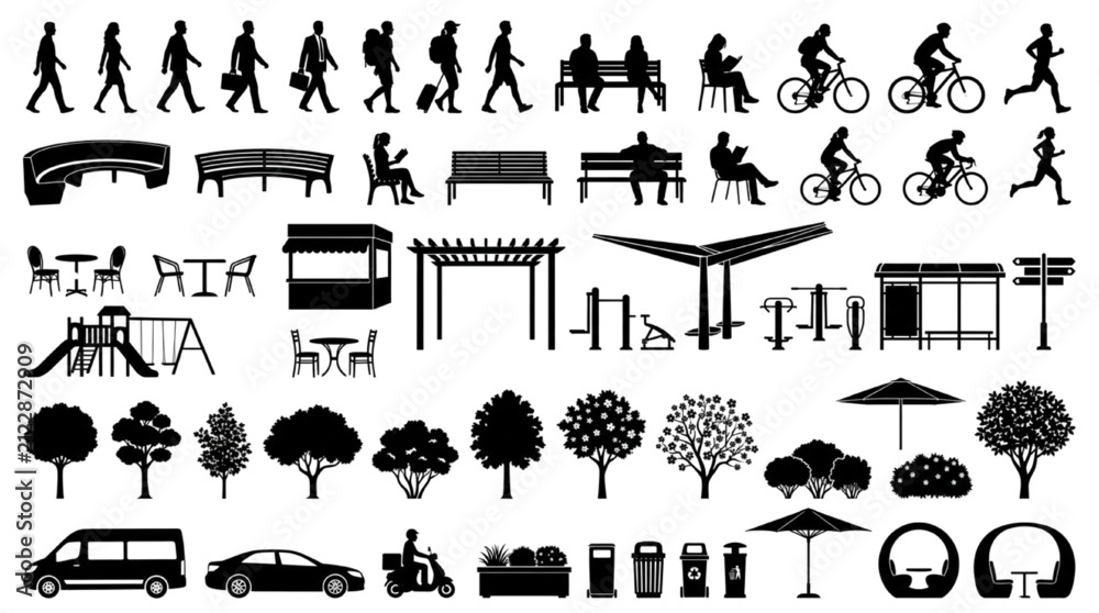 Naklejka premium Urban Streetscape Park Furniture Trees and Activity Vector Silhouettes Set 