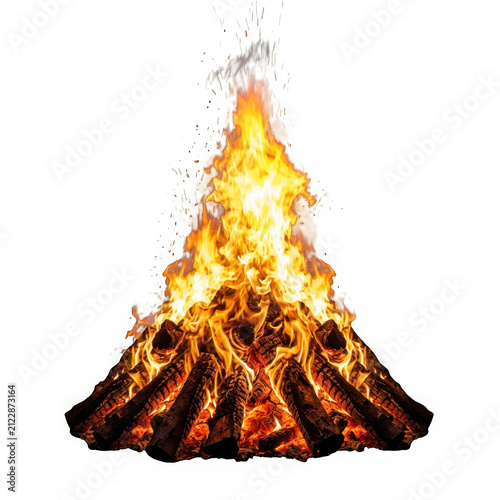 Bonfire burning with bright yellow and orange flames isolated on transparent background