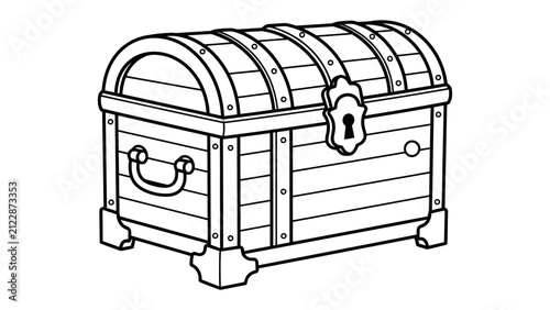 Treasure Chest Outline: A vintage, locked wooden treasure chest with ornate metalwork and a sturdy handle, presented in a clean, simple outline for design purposes.