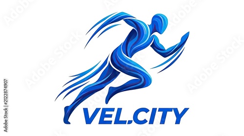 Blue dynamic running figure logo for velocity branding.
