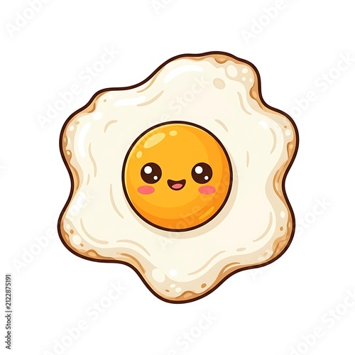 Cute cartoon fried egg character with a happy face isolated on white background