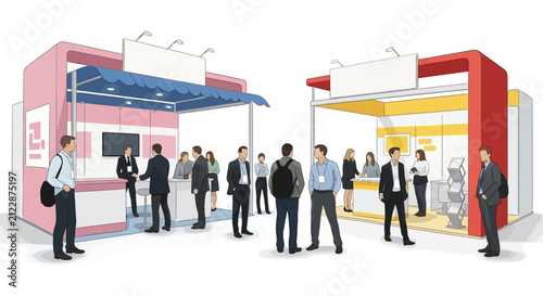Konstfotografi A bustling trade show or exhibition hall features several booths and many busine