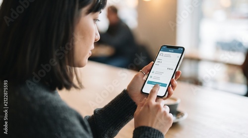 Young woman using mobile banking app on smartphone to confirm a money transfer in a cafe