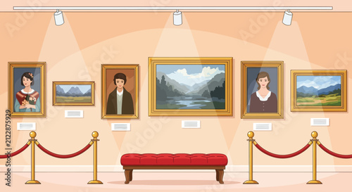 Fotografie An illustrated art gallery wall displays several framed portraits and landscape