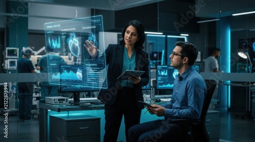 Innovative Medical Research Team Collaborating On Futuristic Holographic Heart Data Analysis