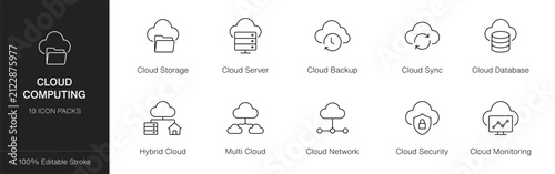 Cloud Computing outline icon set representing storage backup sync database security network monitoring and hybrid multi cloud solutions