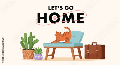Fotografie An orange tabby cat rests on a chair near a suitcase accompanied by plants and t