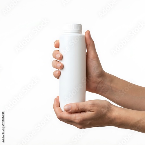 Hands holding a white plastic bottle isolated on white background