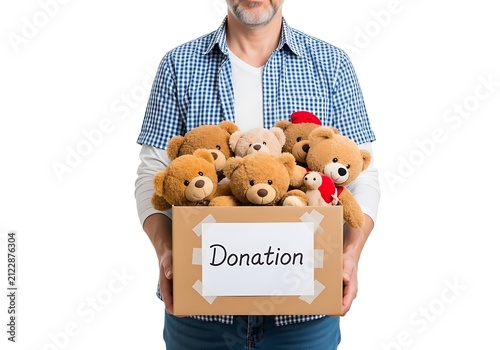 Man holding a cardboard box full of teddy bears for donation isolated on white background