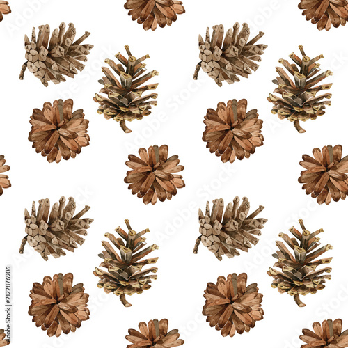 Watercolor seamless pattern with pine cone. Forest botanical background for design and textiles hand painted